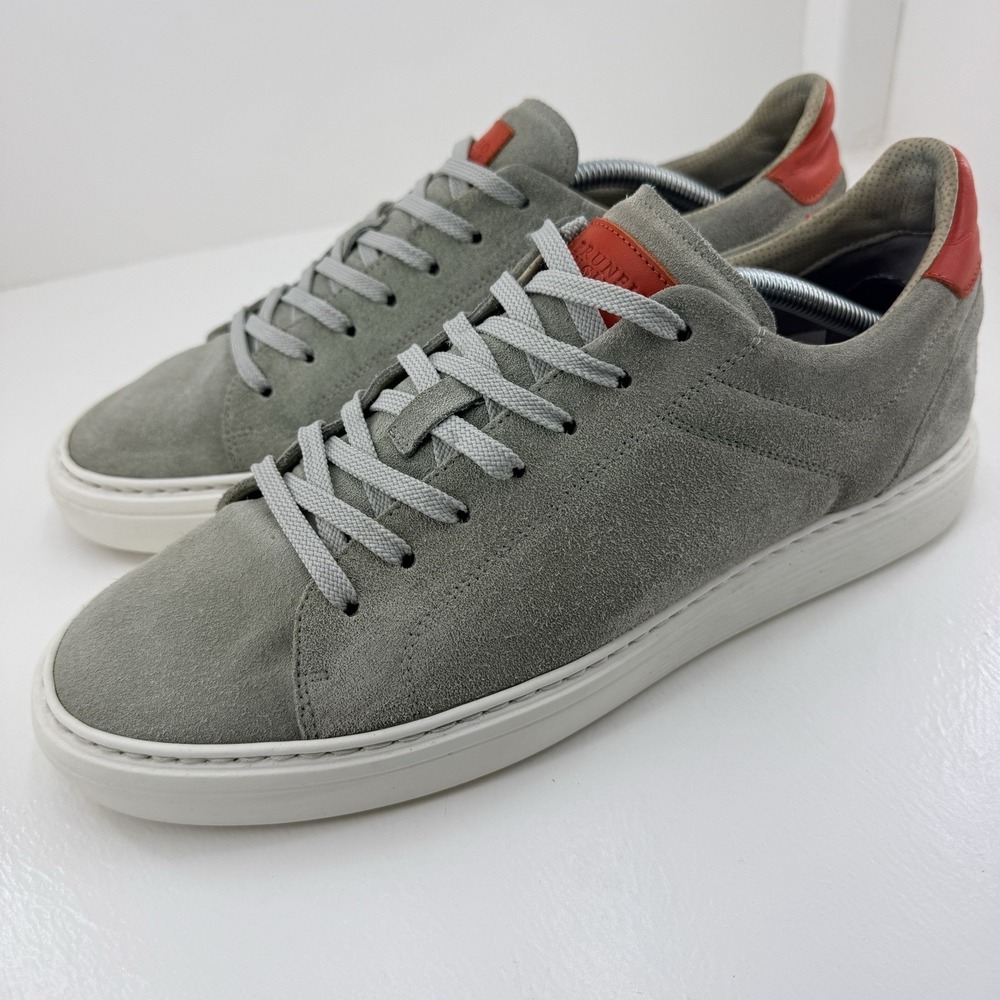 Brunello Cucinelli Mens 45.5 Gray Suede Low Top Sneakers Orange Made in Italy